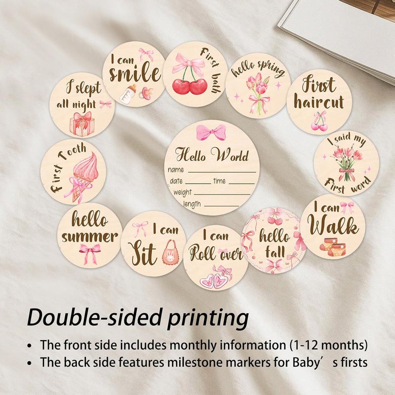 MCIAONE Baby Monthly Milestone Cards Sign - 13 Pcs Double Sided Baby Announcement Signs Bow, Pink Bow Wooden Milestone Circles Discs for Photo Props, Birth Announcement Marker Girl, Babies Welcome Card Gift - Image 4